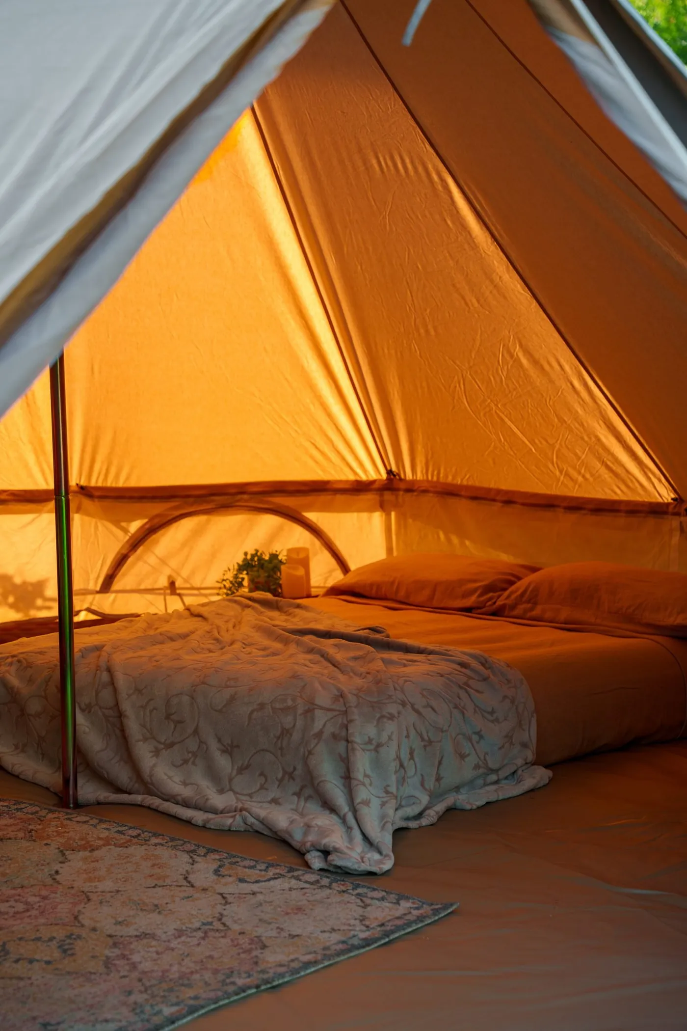 Letto e allestimento all'interno di una Sibley in un oliveto